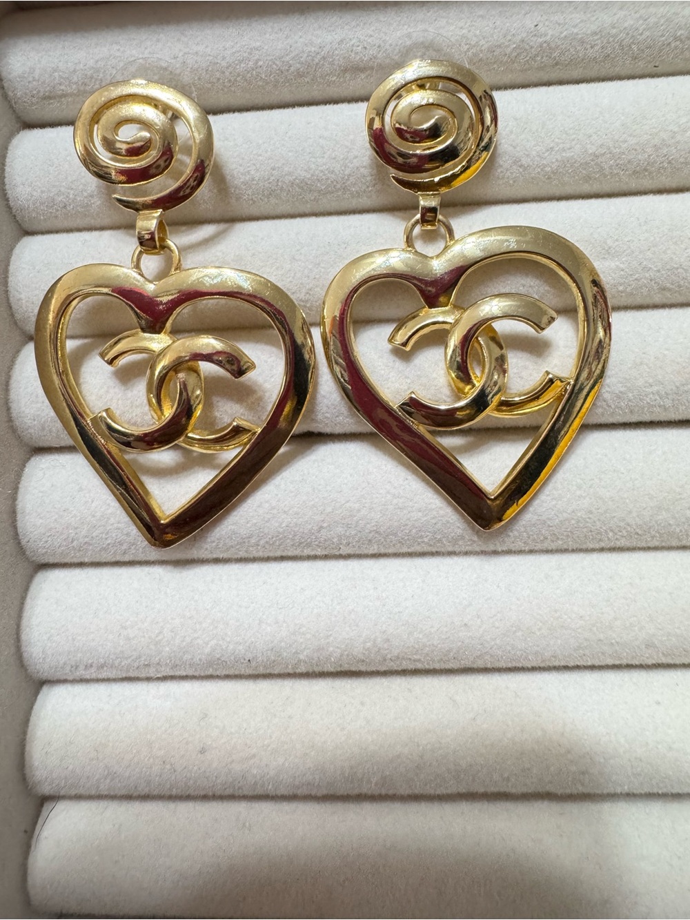 CHANEL Gold Heart CC Drop Earrings with Swirl Posts